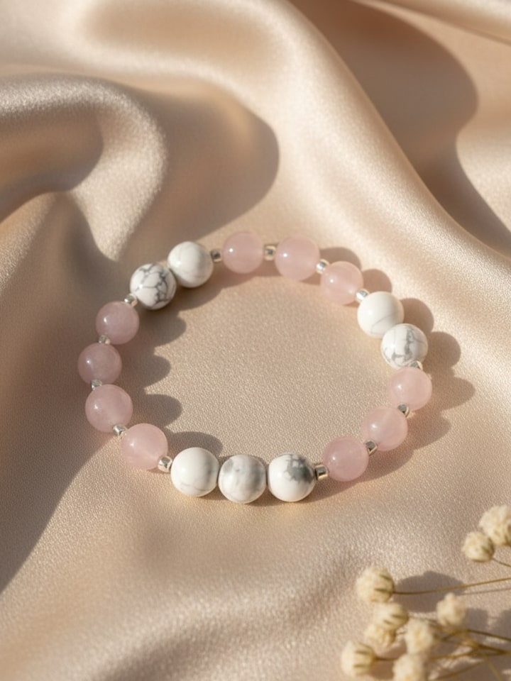 Styled view of Gemstone Rose Quartz & Howlite Bead Silver Bracelet worn on the wrist, showing how it looks styled