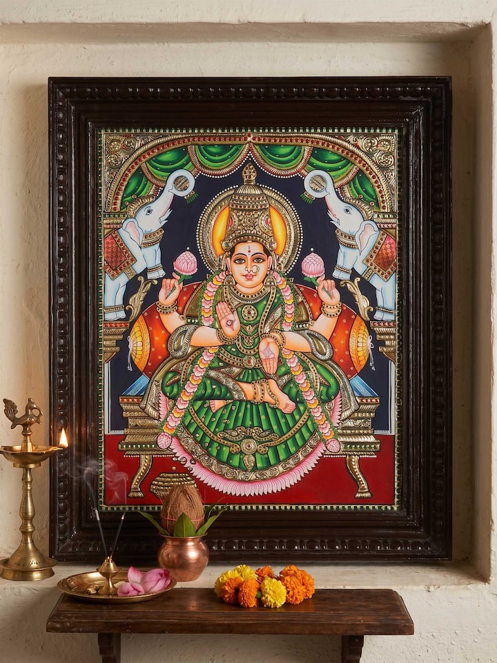 Styled view of Gaja Lakshmi Thanjavur Painting displayed against a styled backdrop