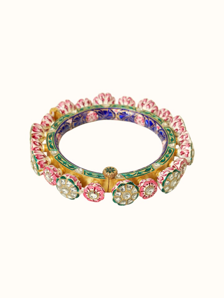 angled view of meenakari nathdwara silver gold plated bangle