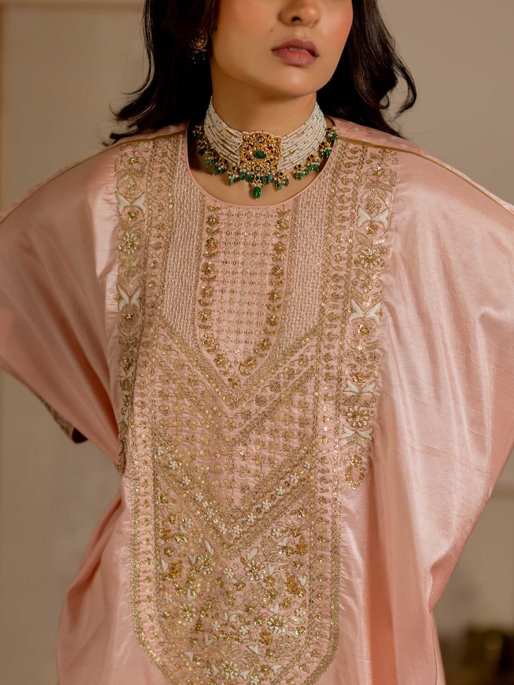 Draped detail view of the Blush Pink Silk Hand Embroidered Bandhani Kurta Set (2 Pcs)