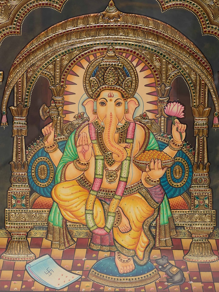 Detail view of the Ganesha on Throne Thanjavur Painting