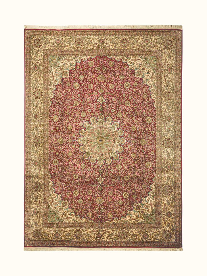 Traditional Persian Red Ivory Kashan Kashmir Silk Hand-Knotted Carpet