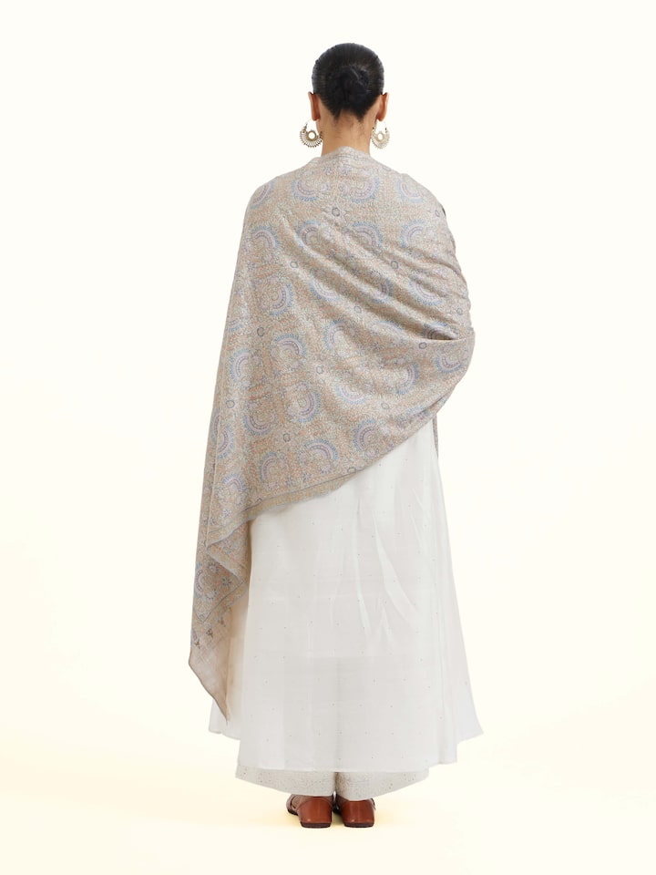 Back view of Brown Sozni Hand Embroidered Stole showing the plain woven reverse side