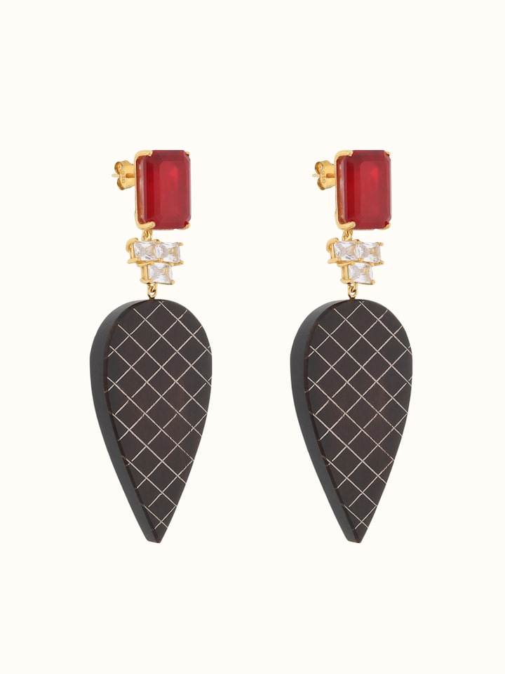 angled view of tarkashi silver drop earrings