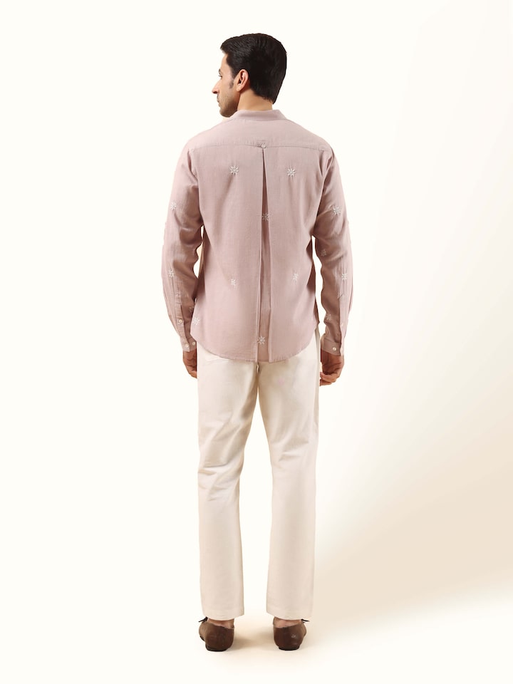 Back view of Grey Cotton Chikankari Shirt emphasizing the overall design and fine details