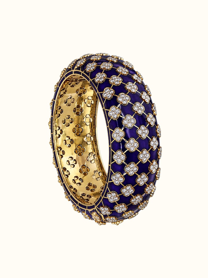 Front view of Open Setting 14 Karat Yellow Gold Bangle with Diamonds showing the complete piece and design