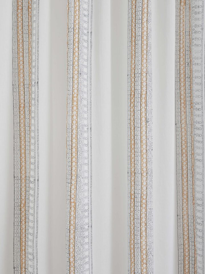 Sanganeri hand block print grey block stripe sheer curtain 9 ft, detail of fabric pattern