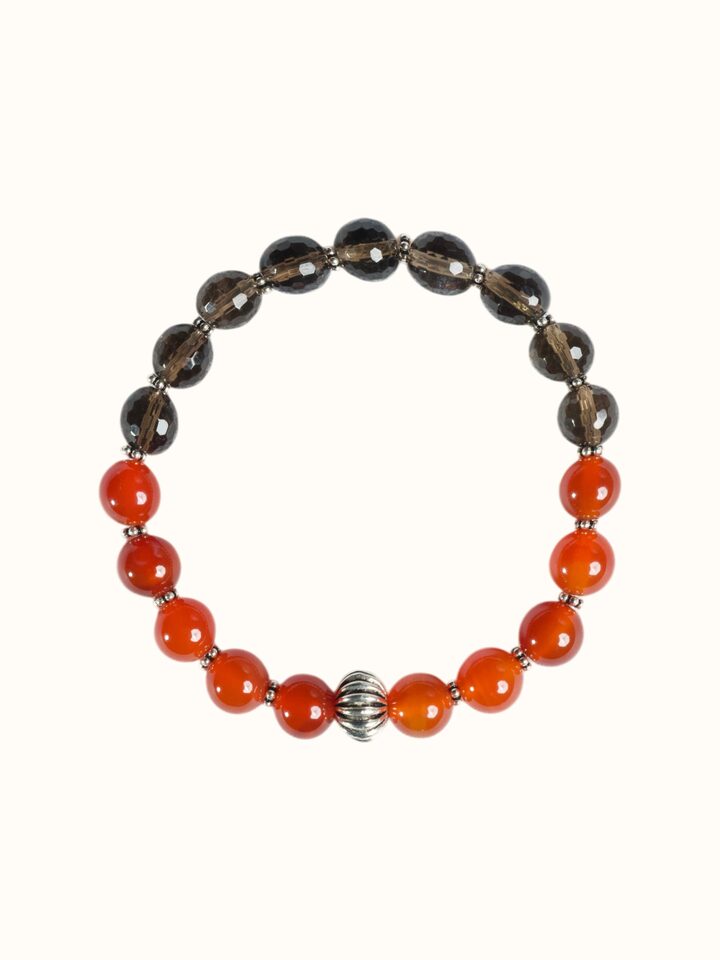 Front view of the Swadesh Gemstone Smoky Quartz & Red Onyx Silver Bracelet