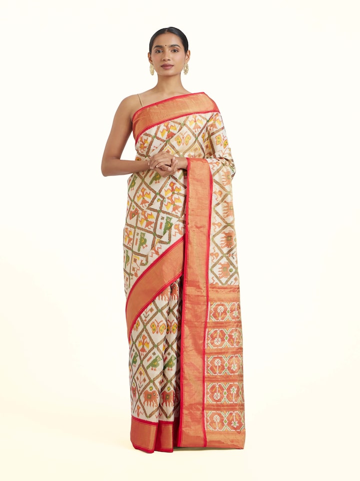Front view of Multi Pochampally Ikat Silk Saree showcasing its traditional craftsmanship and design