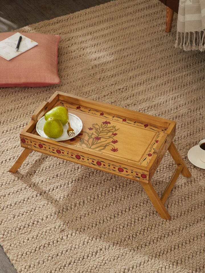 Side view of Miniature Painted Portable Rectangular Table displaying fine miniature artwork and portable wooden design.