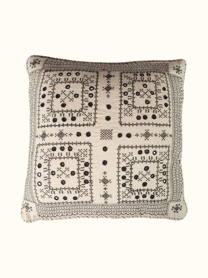 Folk geo hand embroidered checkered cushion cover with multicolor stitching, front view