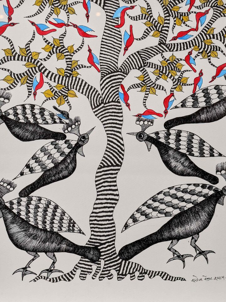Detail view of the Birds Under Tree Gond Art