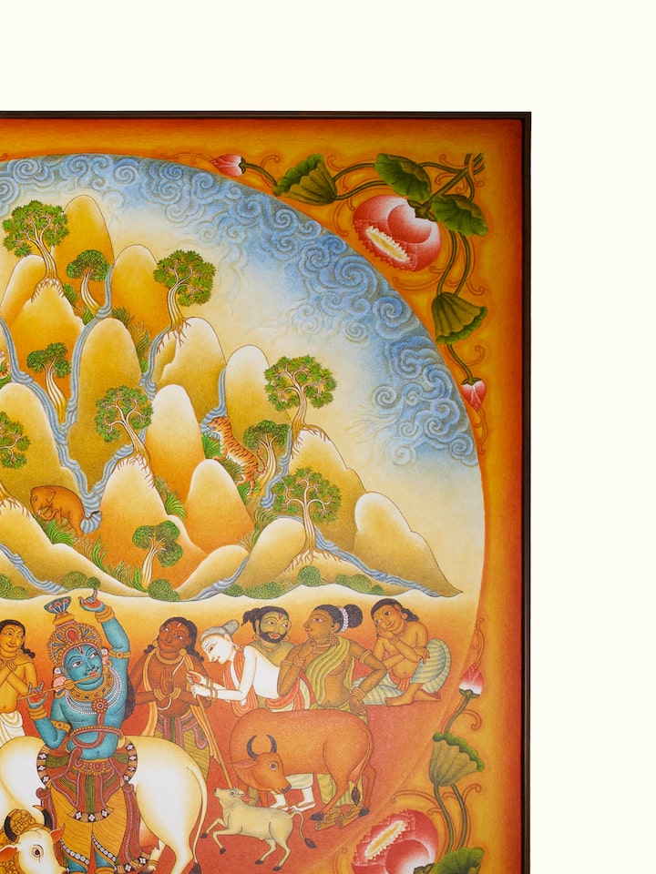 Detail view of Govardhana Giri Kerala Mural Painting highlighting the intricate linework and detail, from a different angle