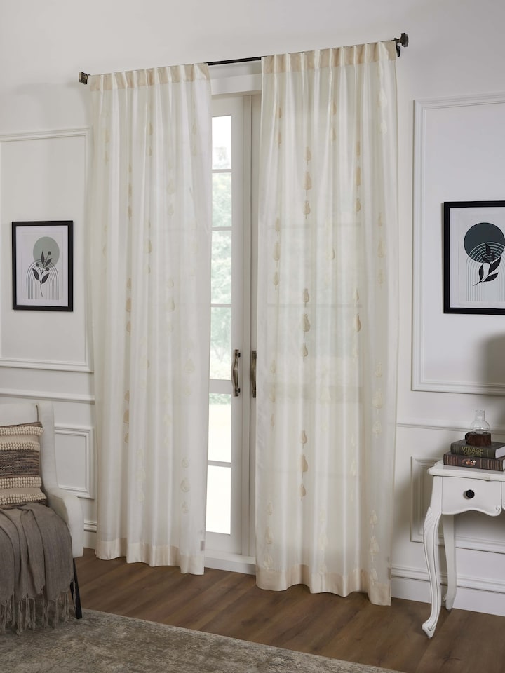 Razza Ivory Tulip Cotton Silk Kashmir Chain Stitch Hand Embroidery Sheer Curtain