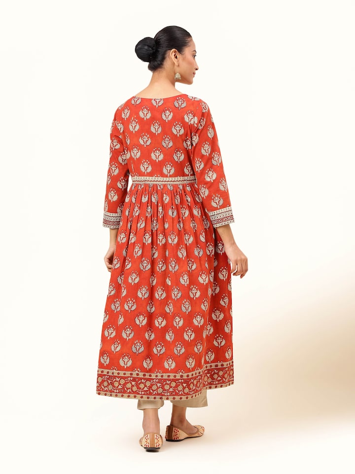 Back view of red cotton Bagru block printed kurta revealing print continuity