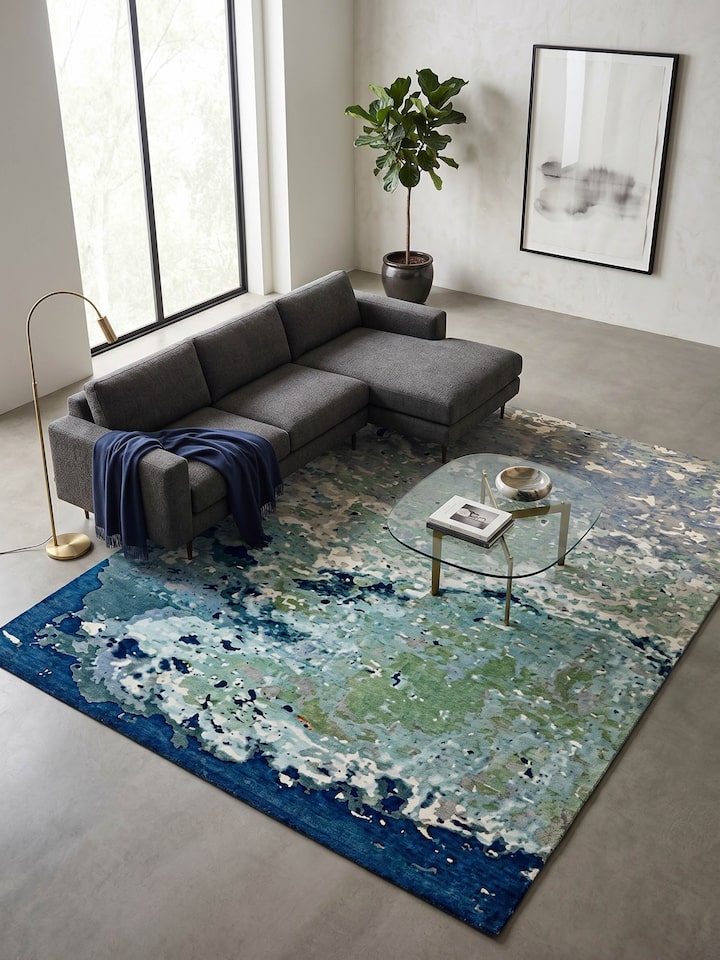 Styled view of Abstract Blue Grey Bhadohi Wool & Bamboo Silk Hand Knotted Rug styled in a room setting