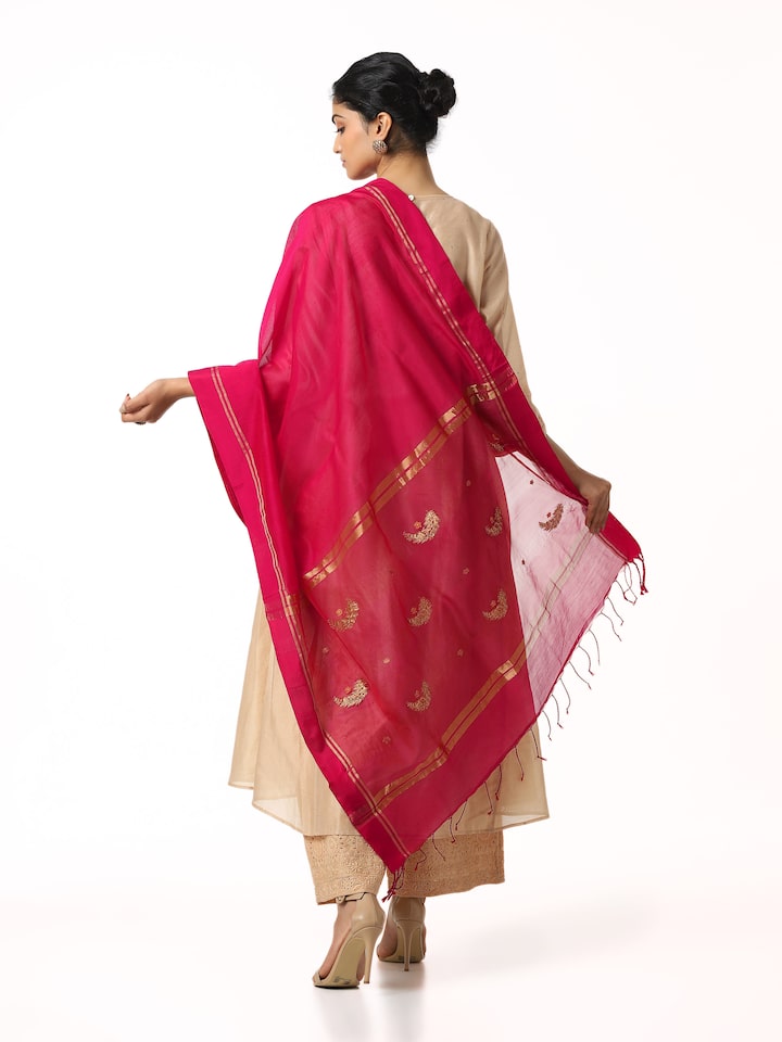 Pink cotton silk Chanderi dupatta - front view image