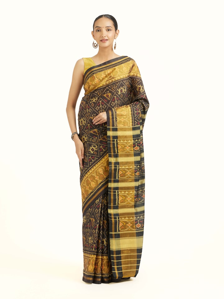 Front view of Rajkot Patola Ikat Saree showcasing its traditional craftsmanship and design