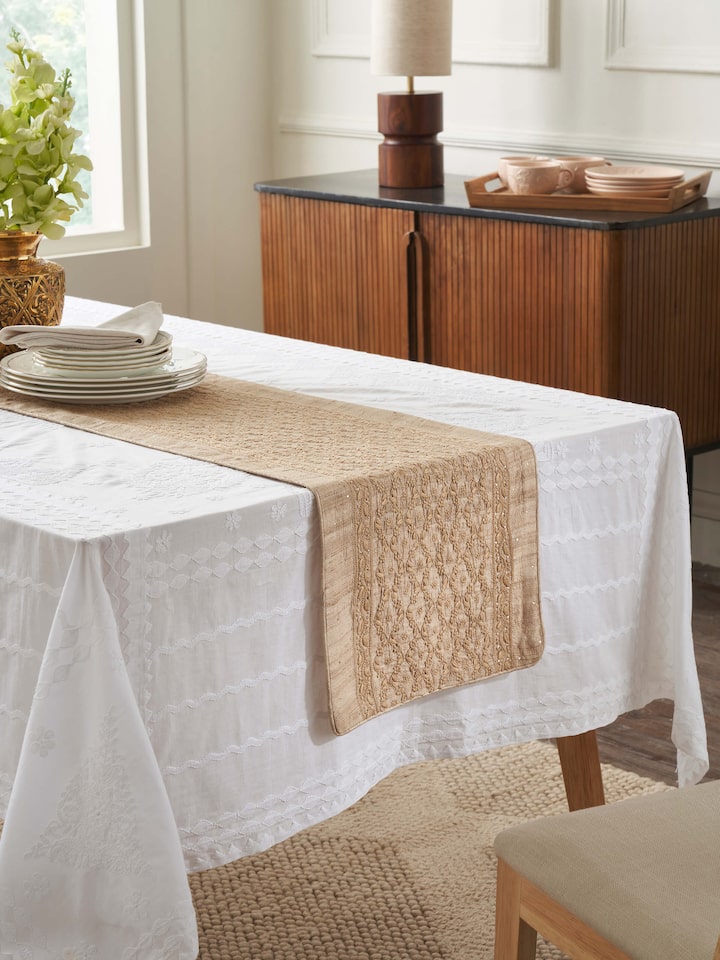 Pragya Beige Ogee Tussar Silk Chikankari Hand Embroidered Table Runner