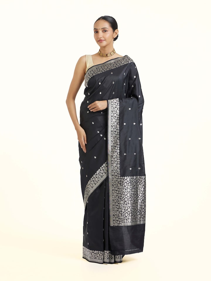 Front view of Black Banarasi Kadhwa Silk Saree showcasing its traditional craftsmanship and design