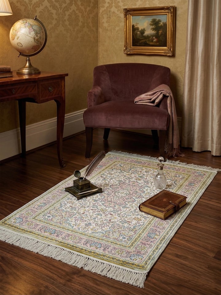 Lifestyle view of the Traditional Persian Ivory Kashan Kashmir Silk Hand-Knotted Carpet