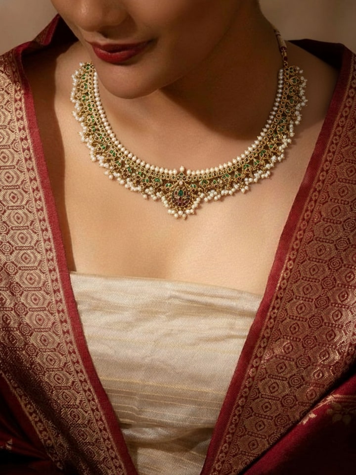 Lifestyle view of guttapusalu silver collar necklace