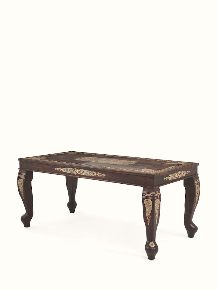 angled view of rosewood inlay 6-seater dining table