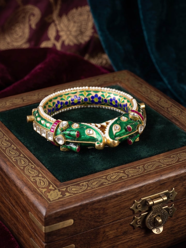 Styled view of Meenakari Silver Bangle worn on the wrist, showing how it looks styled, from a different angle