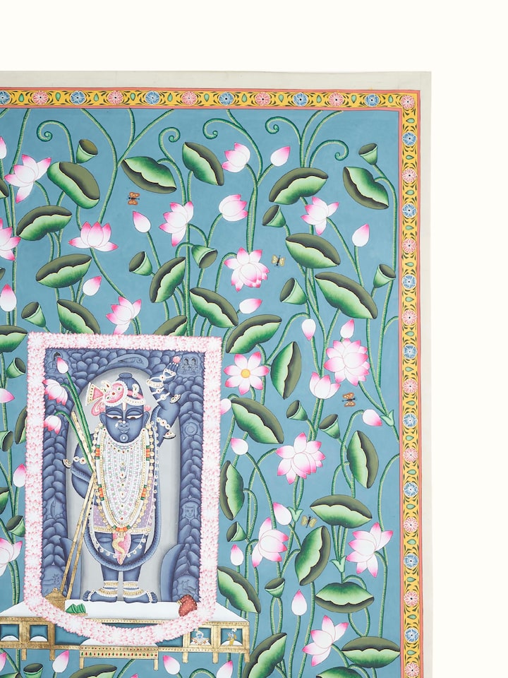 Close-up detail of the Shrinathji Kamal Talai Pichwai Painting