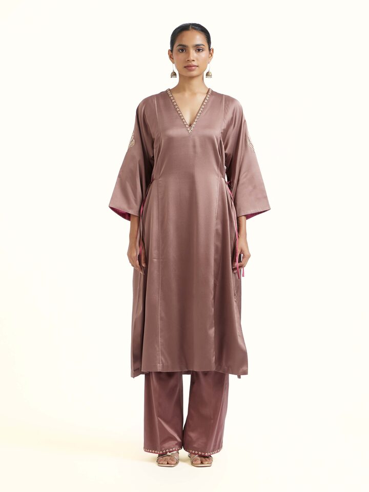 Front view of brown silk Banarasi co-ord set highlighting rich texture and coordinated design