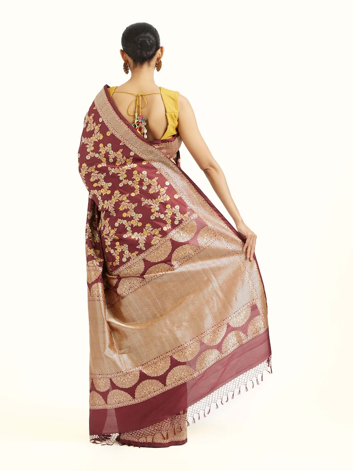 Back view of Brown Banarasi Kadhwa Silk Saree emphasizing the overall design and fine details