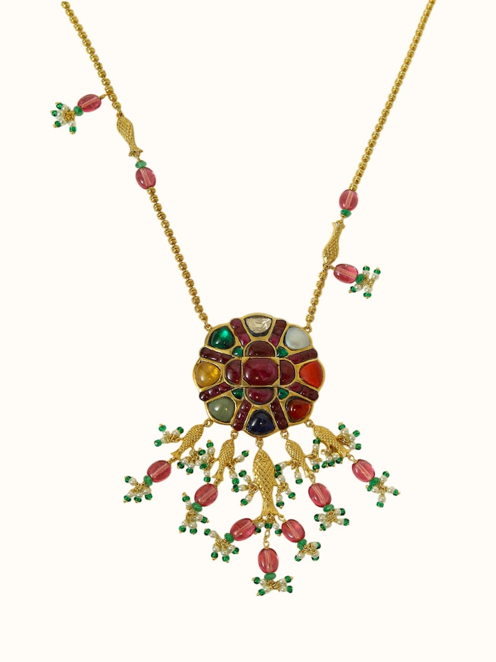 Front view of Navratna Silver Pendant & Chain showing the complete piece and design