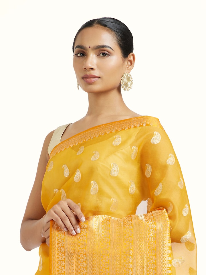 Angled view of the Trisha Mulberry Silk Banarasi Saree