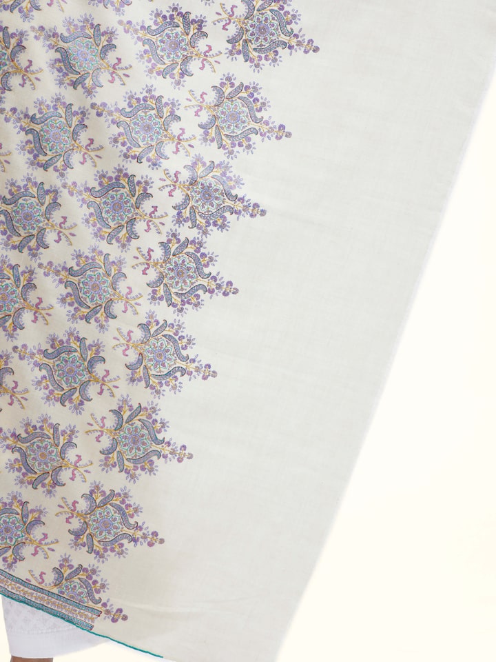 Detailed view of Off-white Sozni Hand Embroidered Shawl focusing on the fine craftsmanship and texture