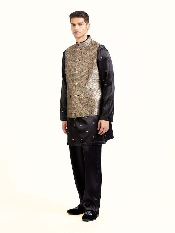Side view of black silk Banarasi sleeveless jacket showcasing tailored fit