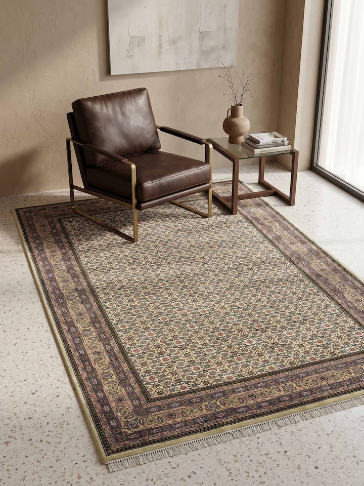 Styled view of Traditional Persian Herati Beige Bhadohi Wool Hand Knotted Rug styled in a room setting
