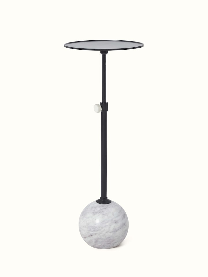 Front view of carved marble & metal end & side table showcasing intricate design