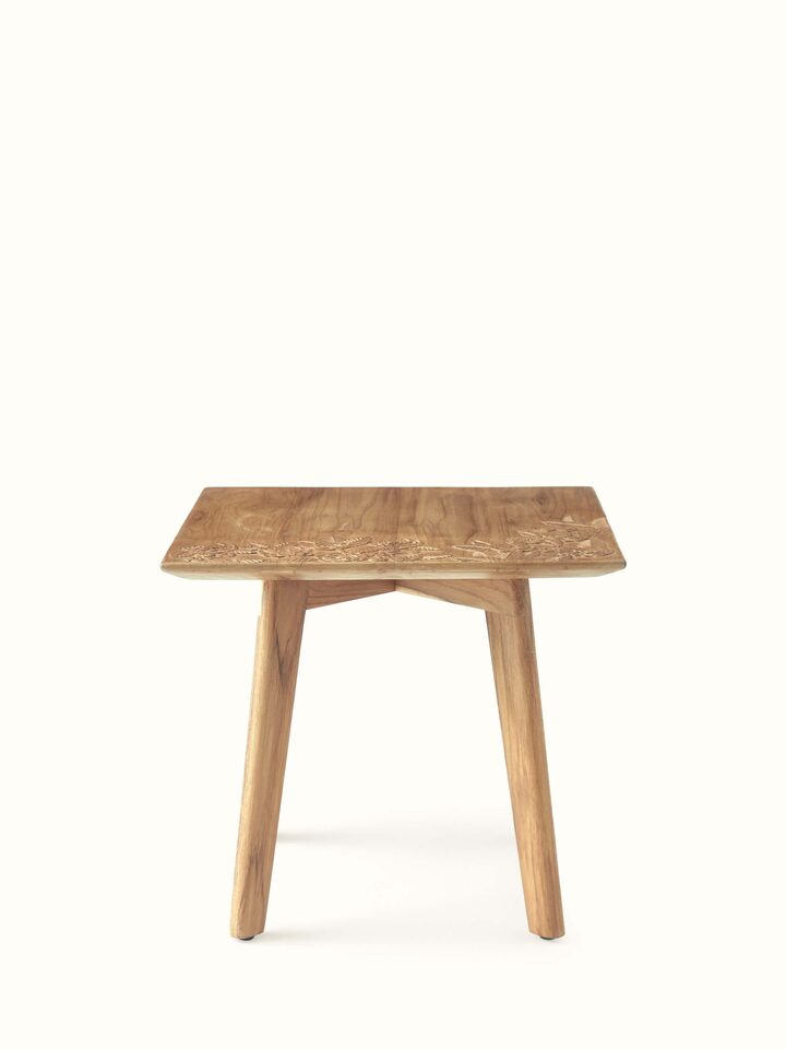Front view of Carved Teak Wood Square Side Table, highlighting the intricate carvings and rich wood finish