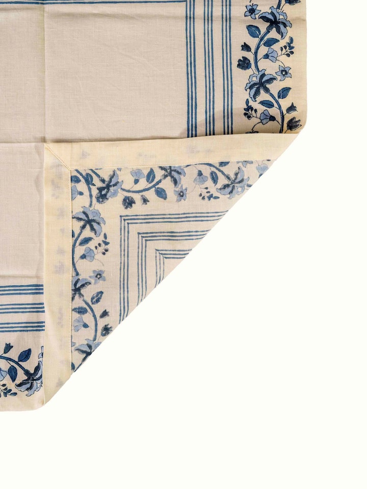 Detail view of Palampore Blue Hand Block Sanganeri Print Cotton Linen Dinner Napkin (6 Pcs) highlighting the fabric texture and embroidery detail,...
