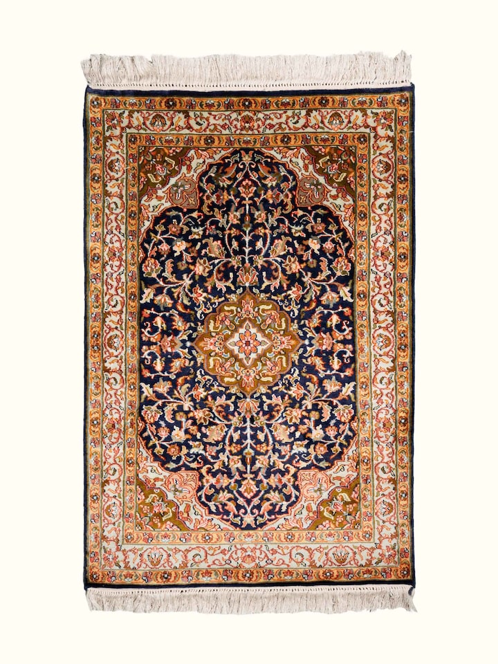 Front view of Traditional Persian Navy Green Kashan Kashmir Silk Hand-Knotted Carpet showing the full rug and pattern layout