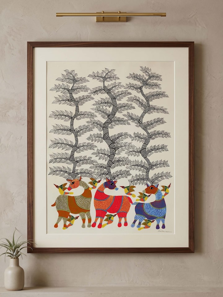 Styled view of Antlers Of Eternity Gond Art displayed against a styled backdrop