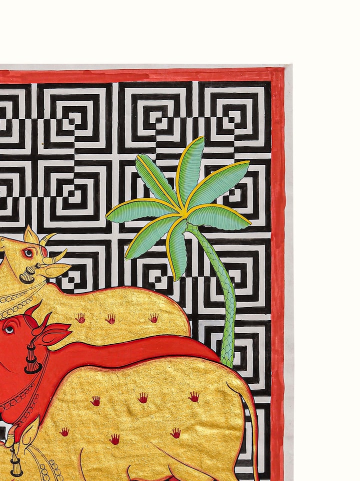 Detail view of the Cows Geometric Illusion Pichwai Painting