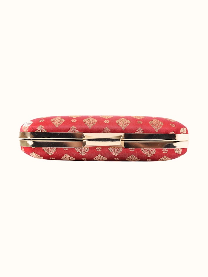 Detail view of the Red Handwoven Brocade Clutch