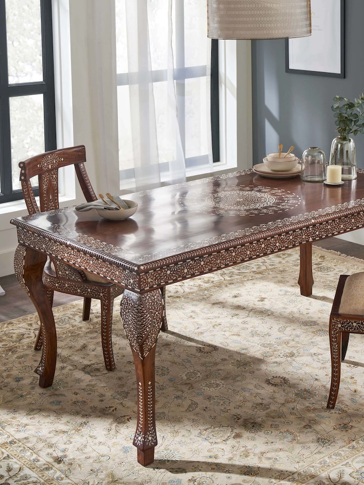Sheesham Wood Bone Inlay 6-seater Dining Table featuring a premium wood finish with elegant bone inlay detailing.