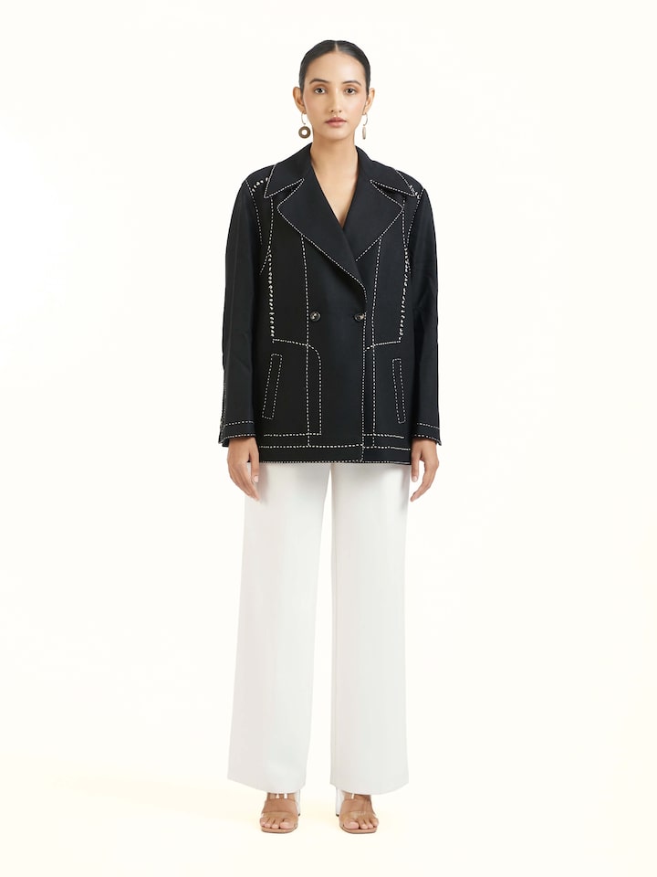 Front view of black wool kantha jacket with hand-stitched embroidery details