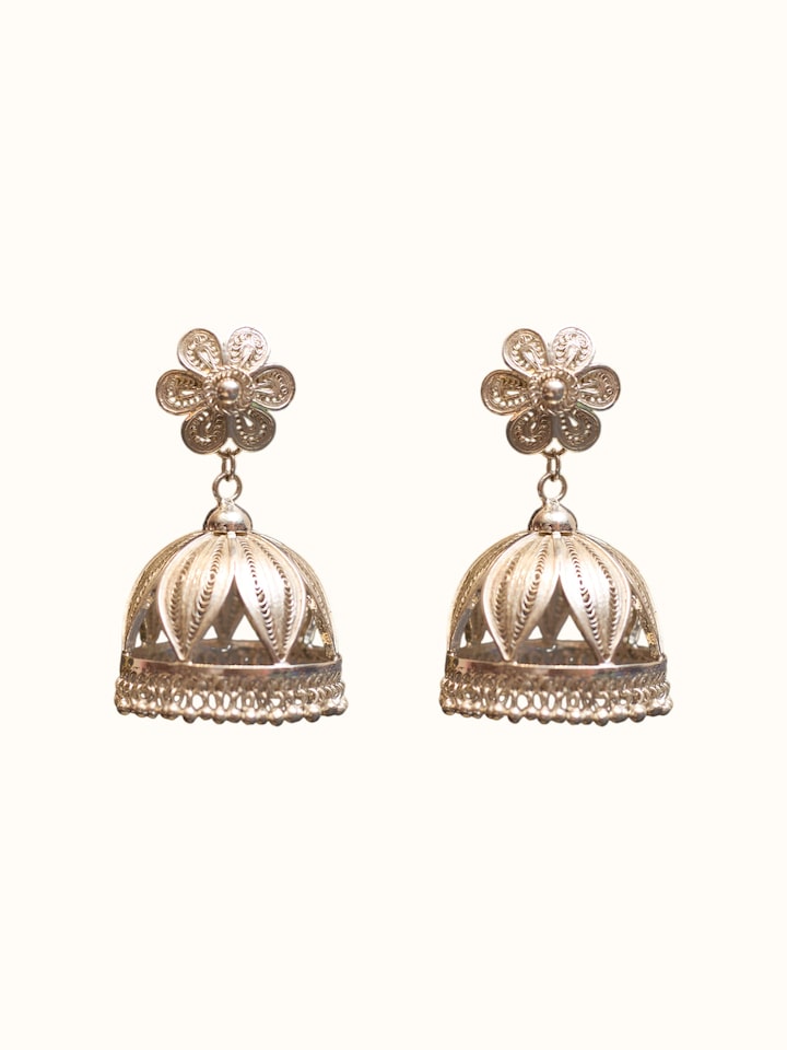 Front view of Silver Smithing Jhumkas showing the complete piece and design