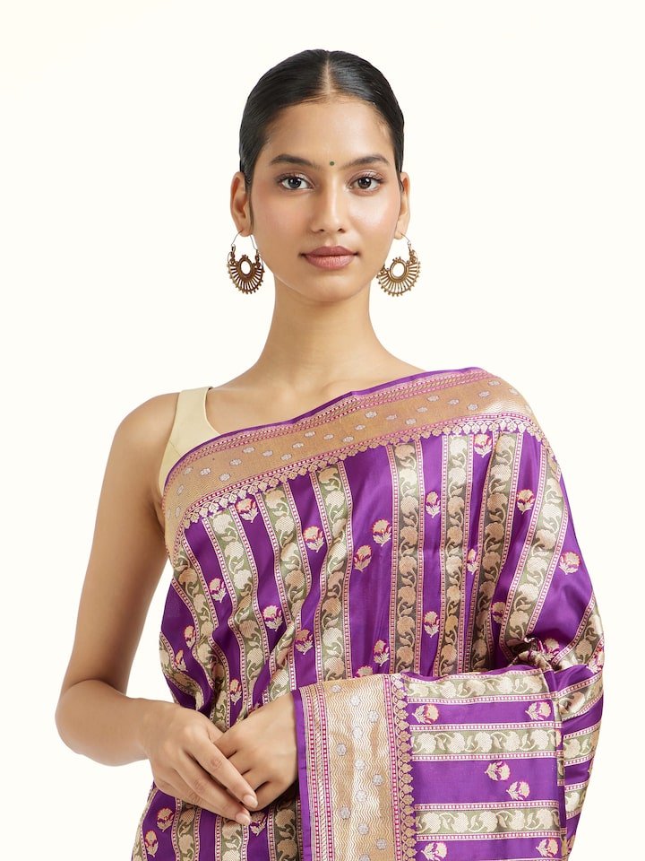 Angled view of the Purple Banarasi Handloom Kadhwa Saree