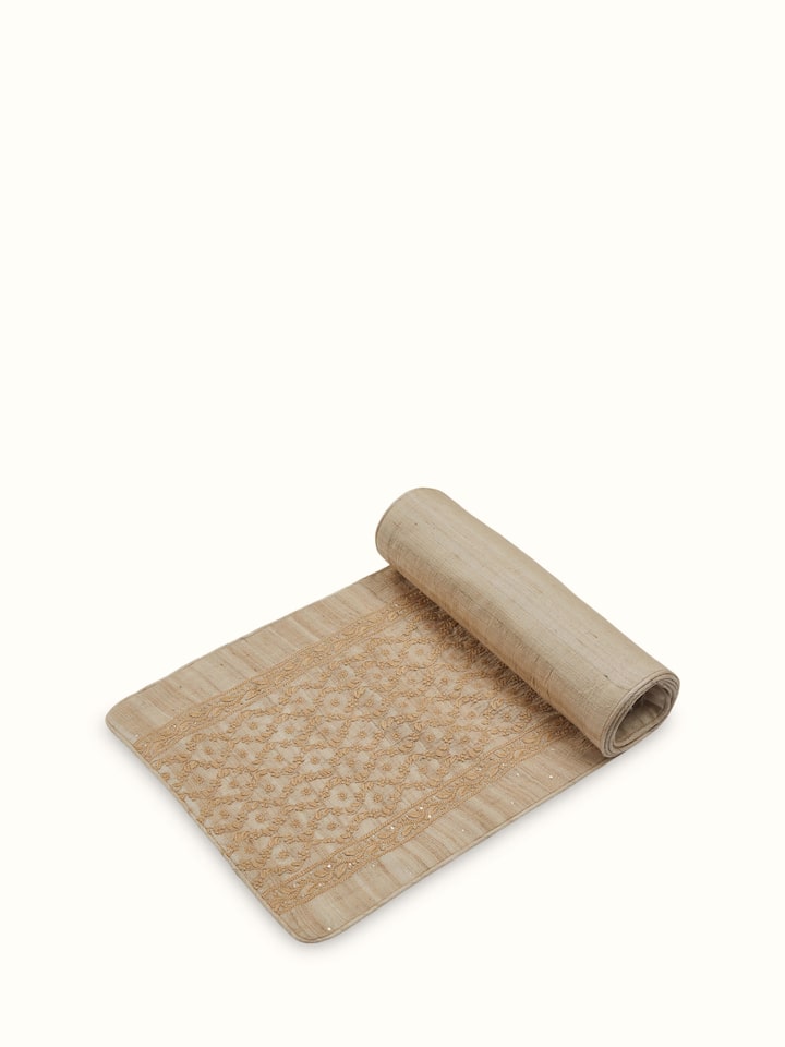 Pragya Beige Ogee Tussar Silk Chikankari Hand Embroidered Table Runner
