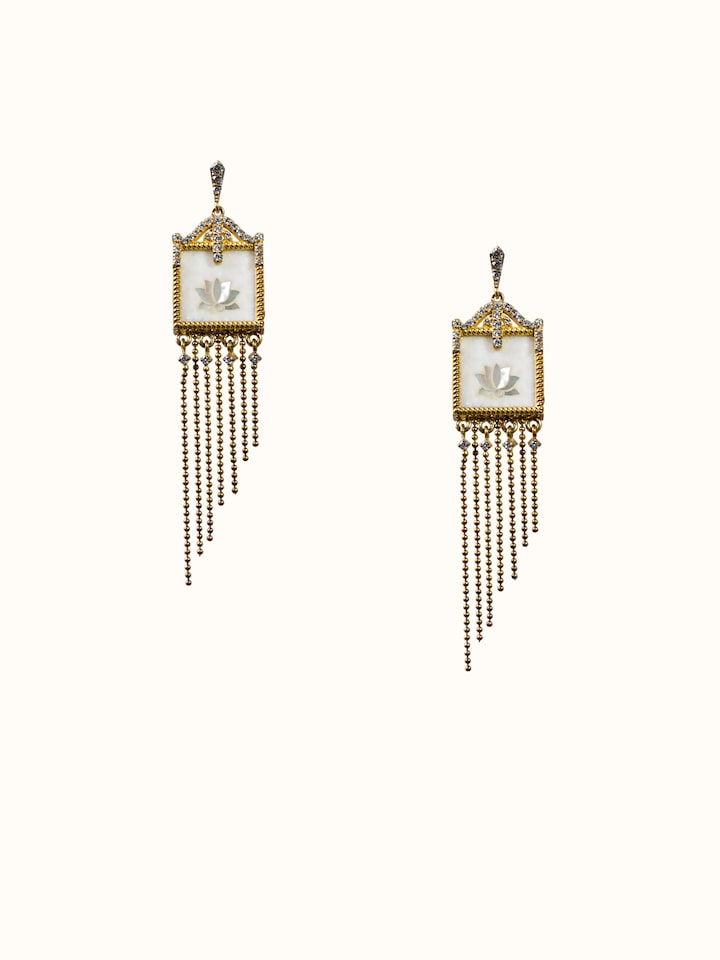front view of parchinkari silver drop earrings with intricate inlay work