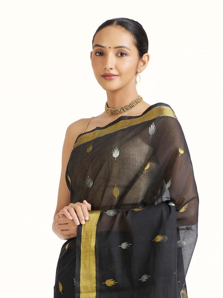 Angled view of the Black Cotton Venkatagiri Saree